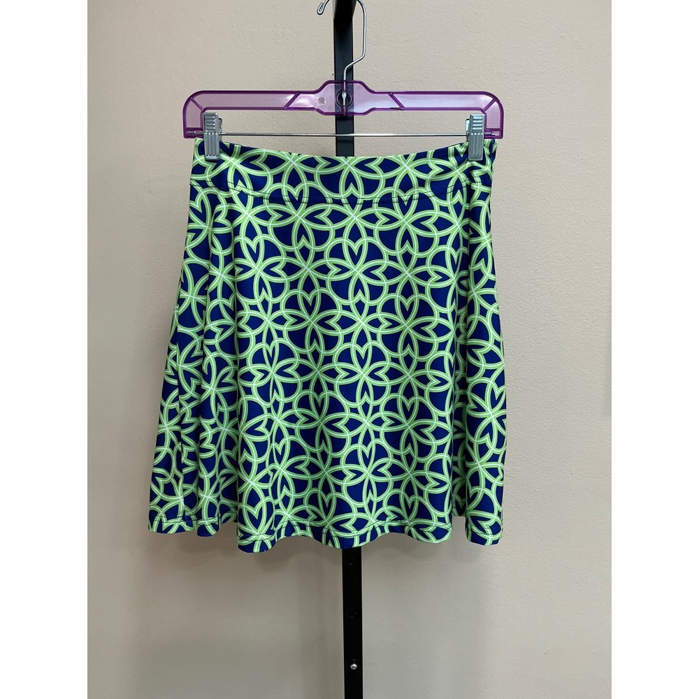 Gretchen Scott Skirt A-Line Mini Small Blue Green Geometric Trellis Stretch